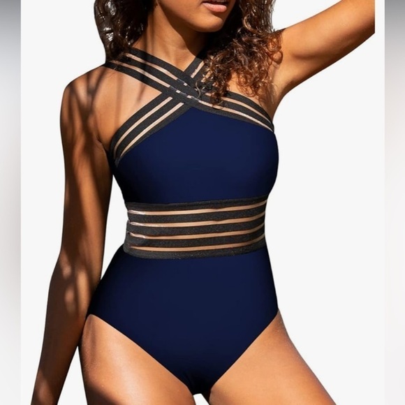 NWT Hilor One Piece Swimsuit Size 16 Navy Blue Black Sheer Straps - Picture 3 of 7